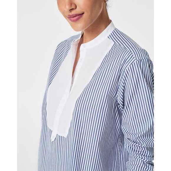 Spanx Poplin Tuxedo Shirt Postal Blue Narrow White Stripe Size Small new - Picture 3 of 13